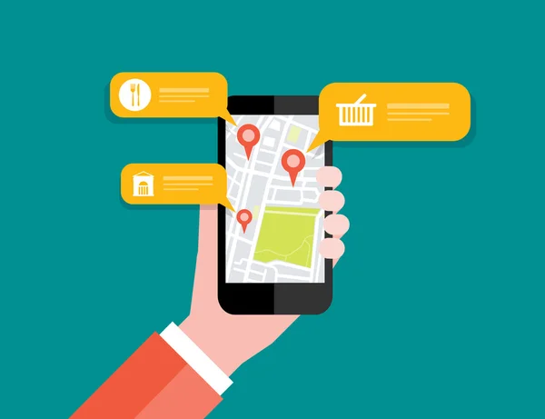 地図の場所 navigation.mobile Gps と携帯電話を持つ手 — ストックベクタ