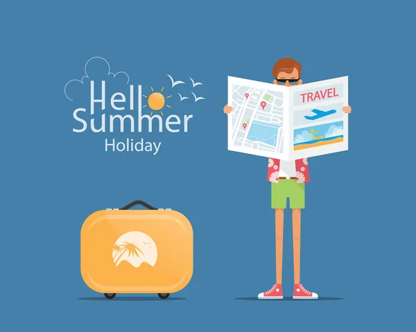 Турист с багажом и летним отдыхом — стоковый вектор