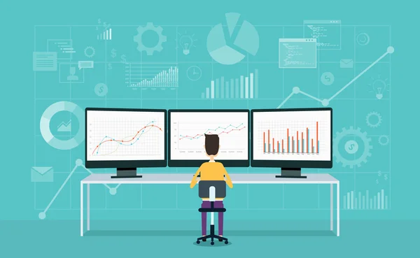 Geschäftsleute auf Monitor berichten Diagramm und Unternehmen analysieren — Stockvektor