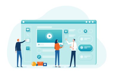 Web tasarımı ve mobil uygulama tasarım konsepti tasarımcı ve geliştirici takım işbirliği ve düz vektör çizgi film karakter tasarımı ile iş ekibi toplantısı