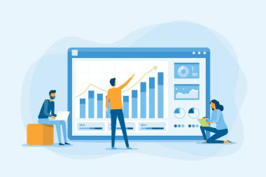 Düz iş ekibi analitik çalışıyor ve web raporlu gösterge paneli ve iş finans yatırım konsepti araştırmalarını izliyor