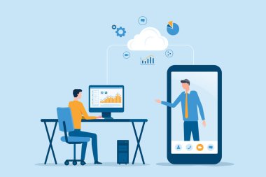 İş ekibi, bulut hesaplama sunucu ağı kavramına uzaktan erişim teknolojisi ile çevrimiçi çalışıyor