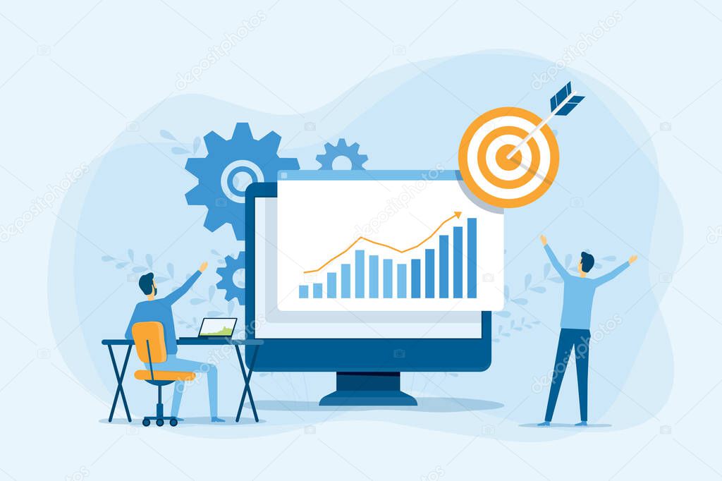 business people analytics and monitoring on financial investment report dashboard monitor concept and vector illustration design for business team meeting working concept