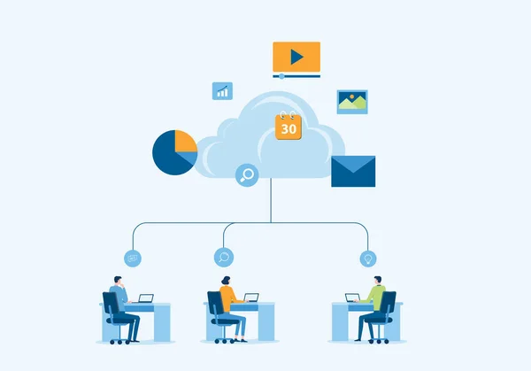 Επιχειρηματίες Που Εργάζονται Απευθείας Σύνδεση Σύνδεση Την Έννοια Cloud Computing — Διανυσματικό Αρχείο