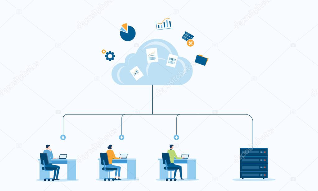 business technology storage cloud computing service concept with administrator and developer team working on cloud. business people working online connecting with cloud from anywhere concept. Flat vector illustration design.