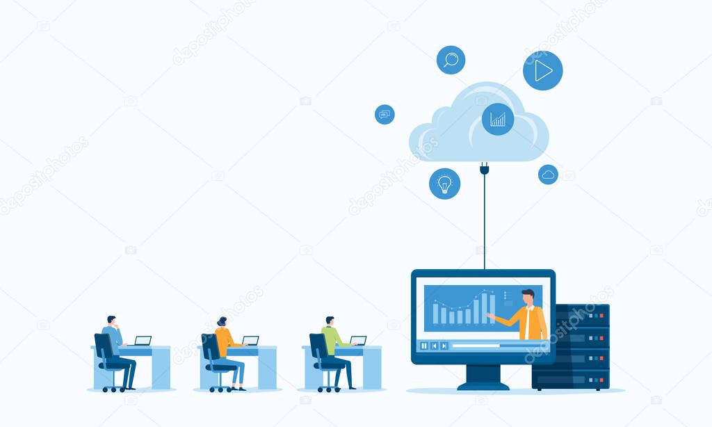 business technology storage cloud computing service concept with administrator and developer team working on cloud. business people working online connecting with cloud from anywhere concept. Flat vector illustration design.