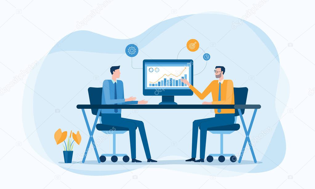 Business Financial advisor working and Business investment planning on monitor report graph. two business team meeting for analysis marketing chart concept. Flat Vector illustration design.