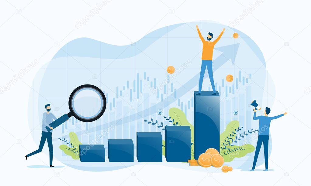 business people analytics and monitoring on business graph concept and business finance investment success concept.  flat vector illustration design for web landing page banner background.
