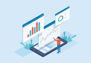 Isometric düz vektör web analizi ve veri analizi için çalışan insanlar ve web rapor gösterge paneli monitörü ve iş finans yatırım konsepti izleme
