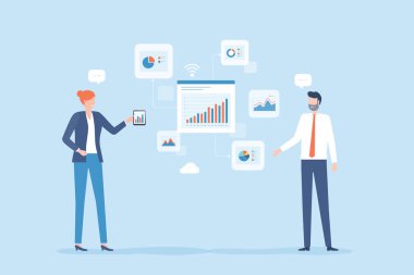 Düz vektör iki iş adamları iş finansman yatırım izleme konsepti için planlama