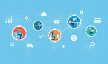 Düz vektör iş adamları teknolojiyi uzaktan çalışma ve ticari zekayı online bağlantı kurmak için kullanıyorlar.
