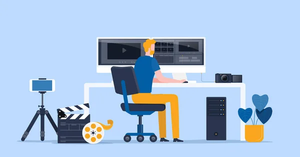 Flat Vector Video Production Team Working Editor Making Video Clip — Stock Vector