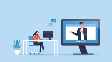 düz illüstrasyon çevrimiçi iş görüşmesi tasarım konsepti ve iş ekibi teknoloji uzaktan bağlantı kavramı ile çevrimiçi çalışıyor