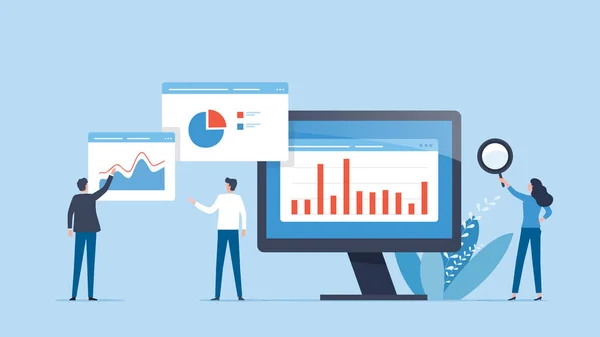 Ilustración Vectores Planos Análisis Equipo Negocios Monitoreo Concepto Monitor Panel — Archivo Imágenes Vectoriales