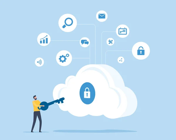Platte Illustratie Ontwerp Technologie Cloud Security Concept Met Een Man — Stockvector