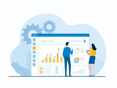 Düzey vektör iş analizleri ve web raporunda izleme gösterge paneli ve iş dünyası finans yatırım kavramı iş ekibi çalışma kavramı ile birlikte