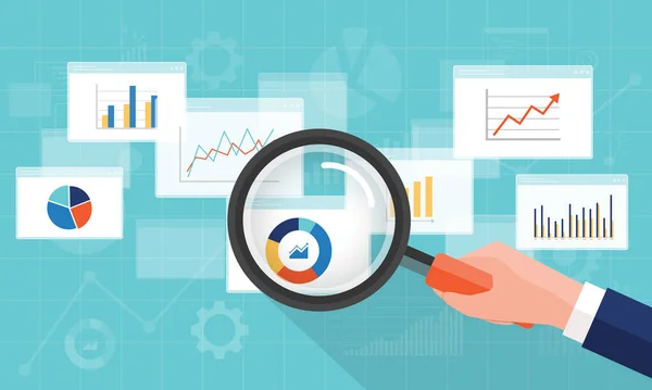 Flat Business Analytics Grafiek Dashboard Financiering Investering Planning Achtergrond Met — Stockvector