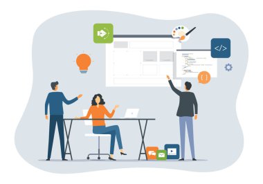 Grup üyeleri web uygulama tasarımı ve geliştirici takım toplantısı. Ofis işyerinde iş birliği. Ve konferans planlaması yeni bir iş web sitesi konsepti oluşturuyor