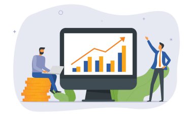 İş adamları çalışıyor. İş karları için finans yatırımı planlaması. analitik ve izleme grafik raporu monitör gösterge panelinde