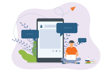 İnternette dizüstü bilgisayarla çalışan insanlar. Ve cep telefonuyla herhangi bir yerde çalışıyor. İş dünyası pazarlama ekibi çevrimiçi destek için sosyal medyayı kullanıyor  