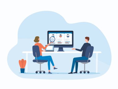 İş adamları ekibi toplantısı ve araştırma, iş görüşmesi ve işe alım için Profile devam ediyor. Düz vektör illüstrasyon çizgi film karakter tasarımı kavramı