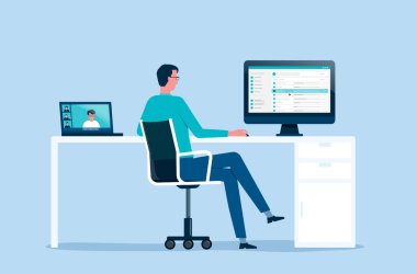 Daire vektör işadamı. İş yeri konsepti ve iş teknolojisi üzerine çalışıyor. Akıllı çalışıyor. herhangi bir yerden çevrimiçi bağlantı kur