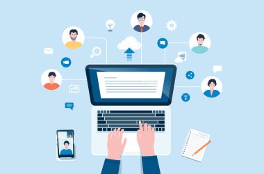 İş adamları ekibi internet üzerinden video konferans bağlantısı kuruyor. Uzaktan kumandalı iş teknolojisi ile buluşmak için. Çevrimiçi olarak her yerde bağlantı kurmak akıllıca. düz vektör çizimi.