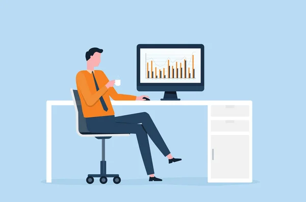 Flat Business People Working Computer Concept Business People Analytics Monitoring — Image vectorielle