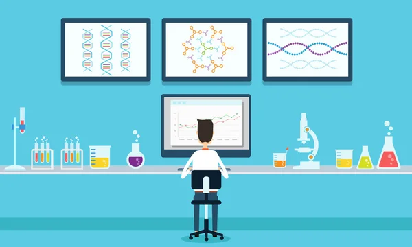 Vector people scientists research in laboratory process — Stock Vector