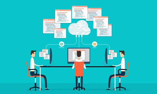 Programación en grupo: desarrollo web y aplicación en red en la nube — Archivo Imágenes Vectoriales