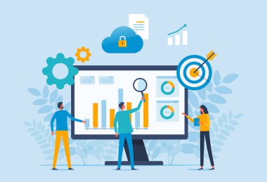 Ticari veri analizi kavramı ve ekip işbirliği iş hedefi elde etmek için büyük monitör rapor ekranı önünde