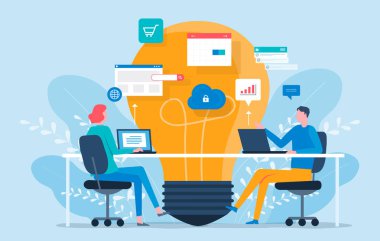 İki kişi büyük ampullü bir masada dizüstü bilgisayarlarla çalışıyor. vektör illüstrasyon fikirleri dijital yenilik ve takım çalışması kavramı