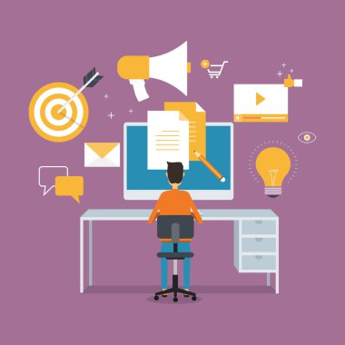 ticari dijital pazarlama içerik oluşturma tasarımı. ve sosyal medya pazarlama yönetim konsepti. Bilgisayar üzerinde çalışan bir iş ekibiyle. İnternet işi. modern düz vektör yanılsama tasarımı