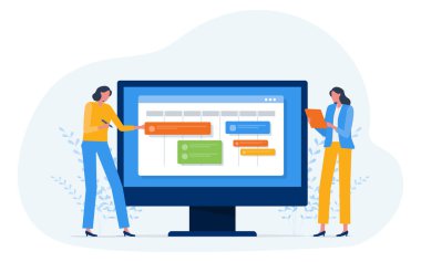 İş planlaması tasarım konsepti. Proje yönetimi zaman çizelgesi için iki iş kadını ekibi buluşuyor. Monitörde renkli görev çubukları ile.
