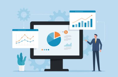 İş adamı büyük bir bilgisayar ekranında iş veri analizi sunuyor. İş stratejisi için. Finansal rapor ve dijital pazarlama kavramı. düz vektör çizimi.