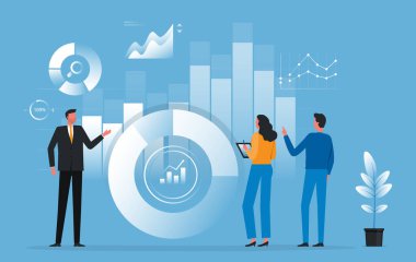 Modern düz vektör çizim tasarım iş ekibi büyük çizelgelerin önünde çalışıyor. Pazar analizi. Finansal planlama ve veri analizi. ve işletme finans yatırım kavramı