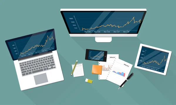 Investițiile financiare de afaceri și raportul grafic al banilor pe dispozitiv — Vector de stoc