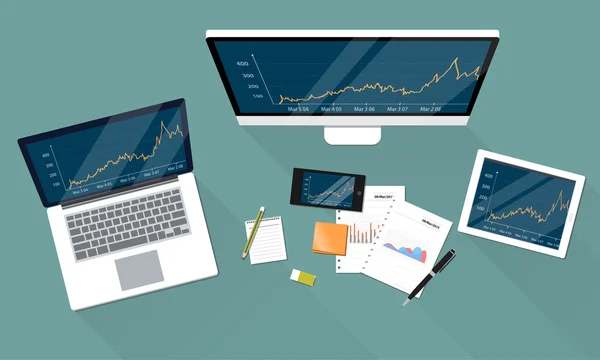 Investimento financeiro de negócios e dinheiro gráfico relatam sobre dispositivo —  Vetores de Stock