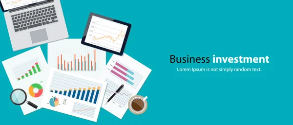 Conceito de banner de finanças de negócios e investimento e dispositivo móvel para análise paper.graph business.report — Vetor de Stock