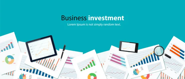 Üzleti-pénzügyi és befektetési banner koncepció és a mobil készülék business.report paper.graph elemzése — Stock Vector