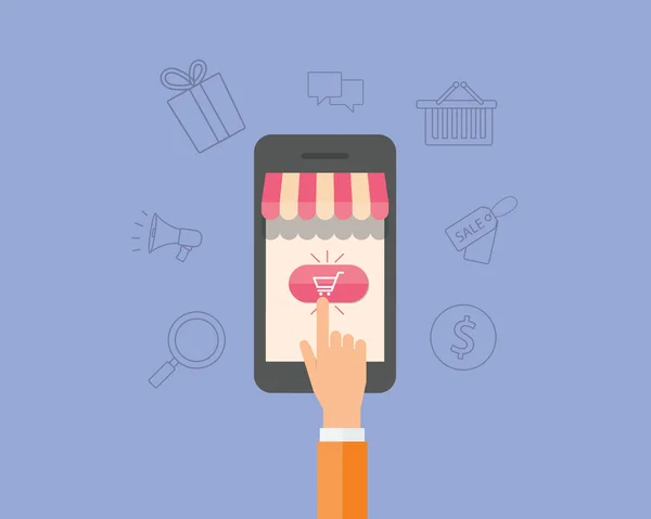 Bedrijf op lijn winkels en e-marketing op mobile.shop op line.people hand. — Stockvector