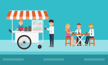 business people eating on lunch break .on street .in city. fast food .vector