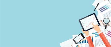 Blue web banner with mobile devices, business charts and reports. Vector business investment and finance concept, business planning.