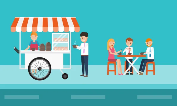 Business people eating on lunch break .on street .in city. fast food .vector — Stockvector