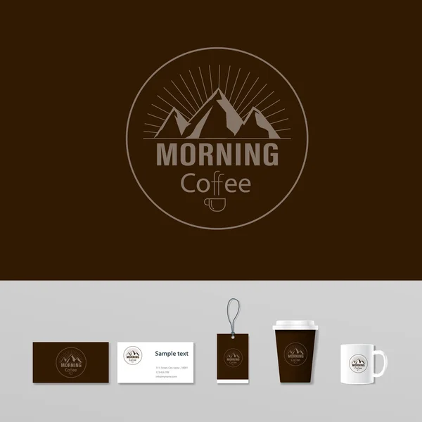 Manhã logotipo modelo concept.coffee loja. Mock up — Vetor de Stock