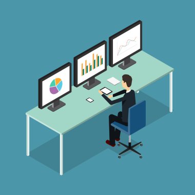 business people analytic on monitor graph report and SEO on web.flat vector .workplace.office.business man .finance and investment .stock money. business research