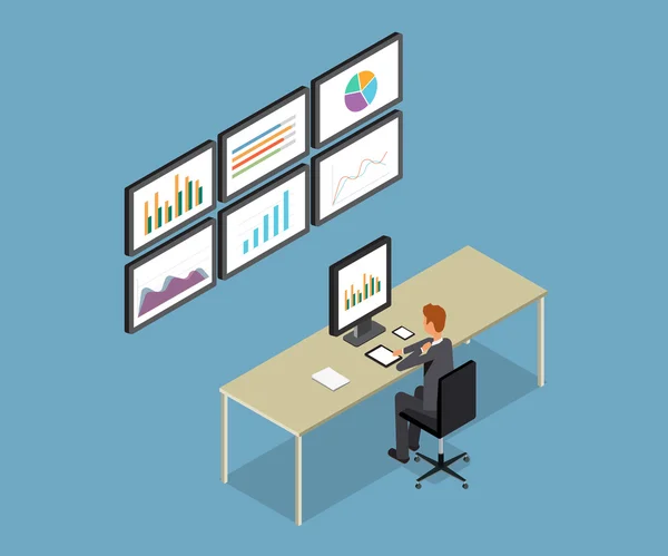 Business people analytic on monitor graph report and SEO on web.flat vector .workplace.office.business man .finance and investment .stock money. business research — Stockvector