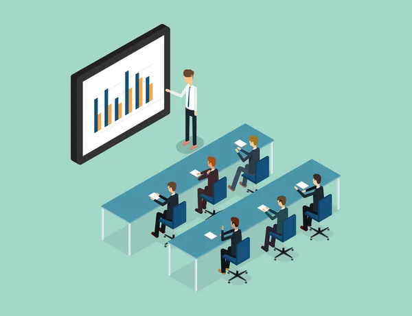 Business people analytique sur moniteur graphique rapport et référencement sur web.flat vecteur .workplace.office.business man .finance et investissement .stock argent. recherche d'entreprise — Image vectorielle