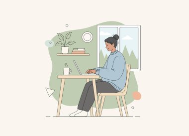 A warm and tranquil illustration depicting a young woman working remotely from her home office. She is comfortably seated at a wooden desk, working on a laptop, and wearing a cozy blue sweater.