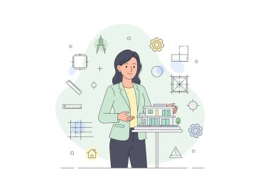 Çağdaş bir evin modelini sunan ya da eleştiren bir kadın mimar ya da tasarımcı. Kendine güvenen bir şekilde profesyonel kıyafetle duruyor, ölçekli modeli dikkatlice tutuyor..